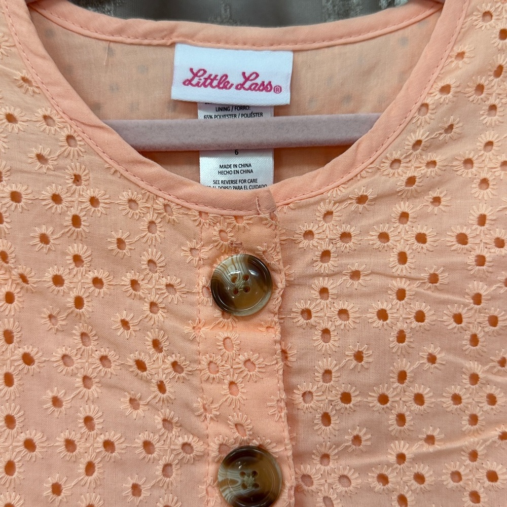 Little Lass Peach Eyelet Button-Down Dress Size 6 - Picture 2 of 6